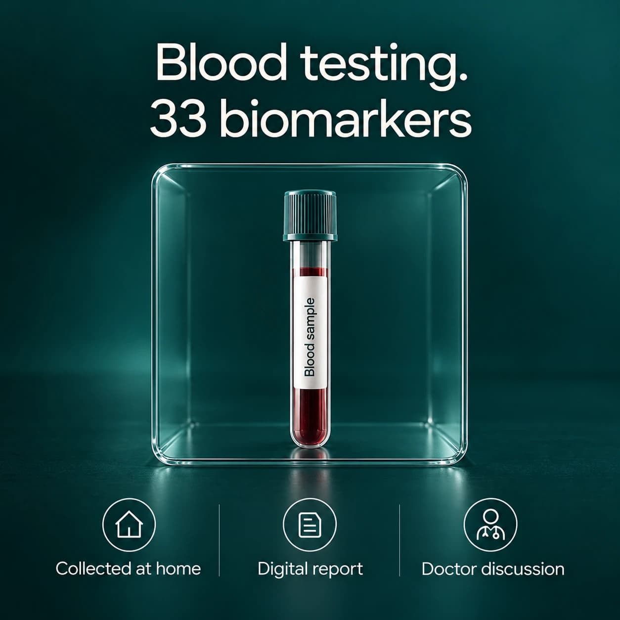 Blood testing. 33 biomarkers, with collection at home and a digital report.