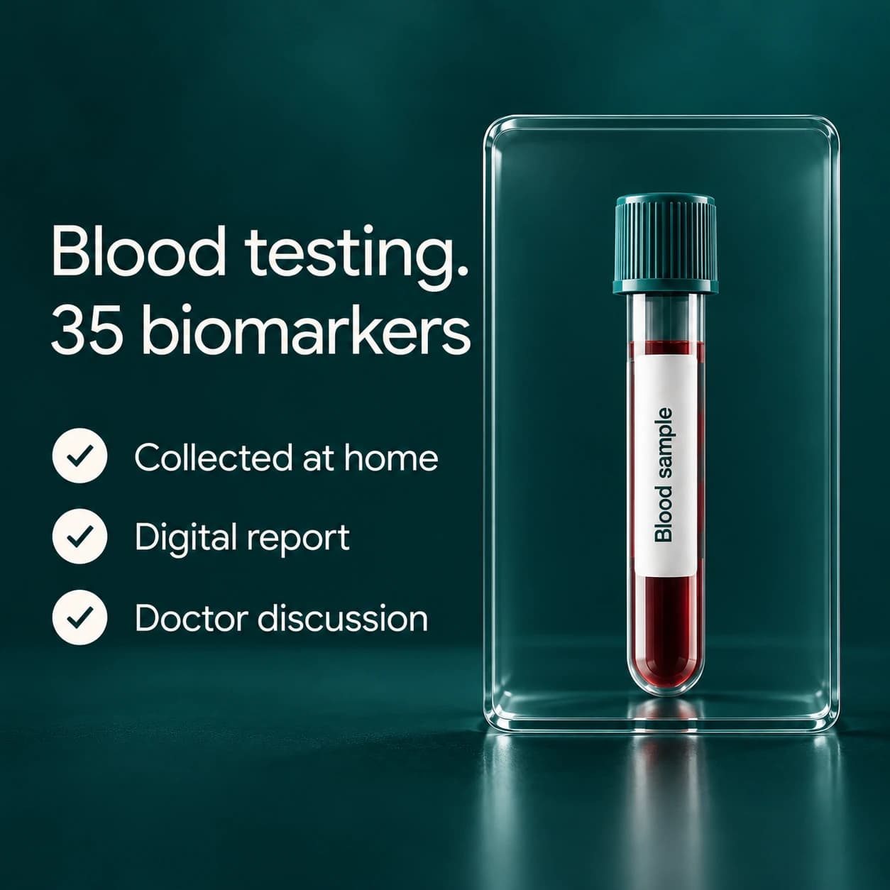 Blood testing. 35 biomarkers, with collection at home and a digital report.