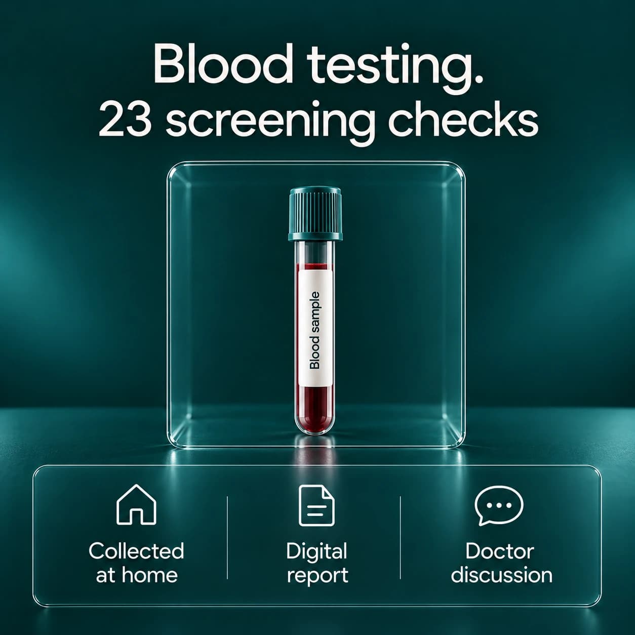 Blood testing. 23 screening checks, with collection at home and a digital report.