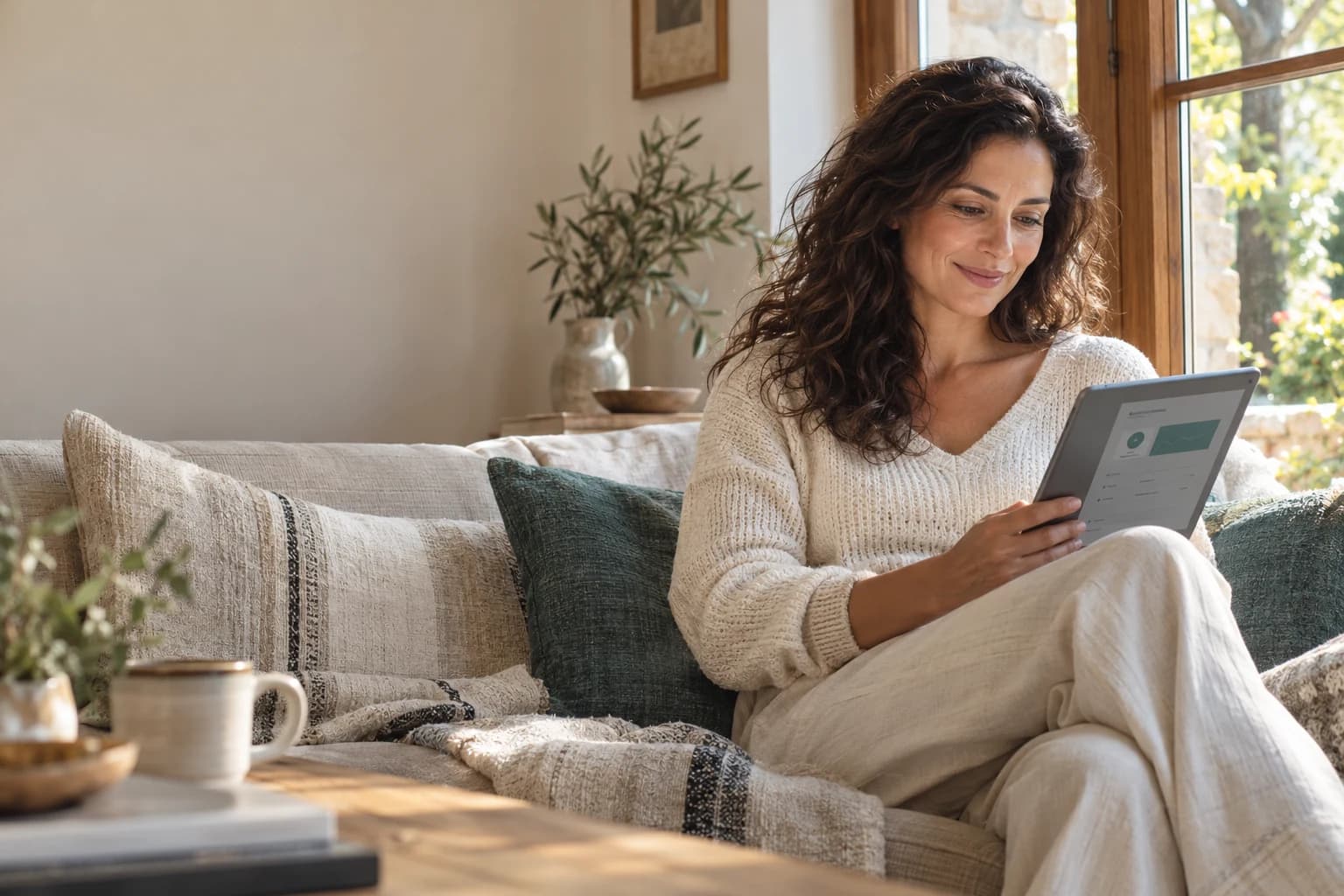 A woman reading her health report on a tablet at home.