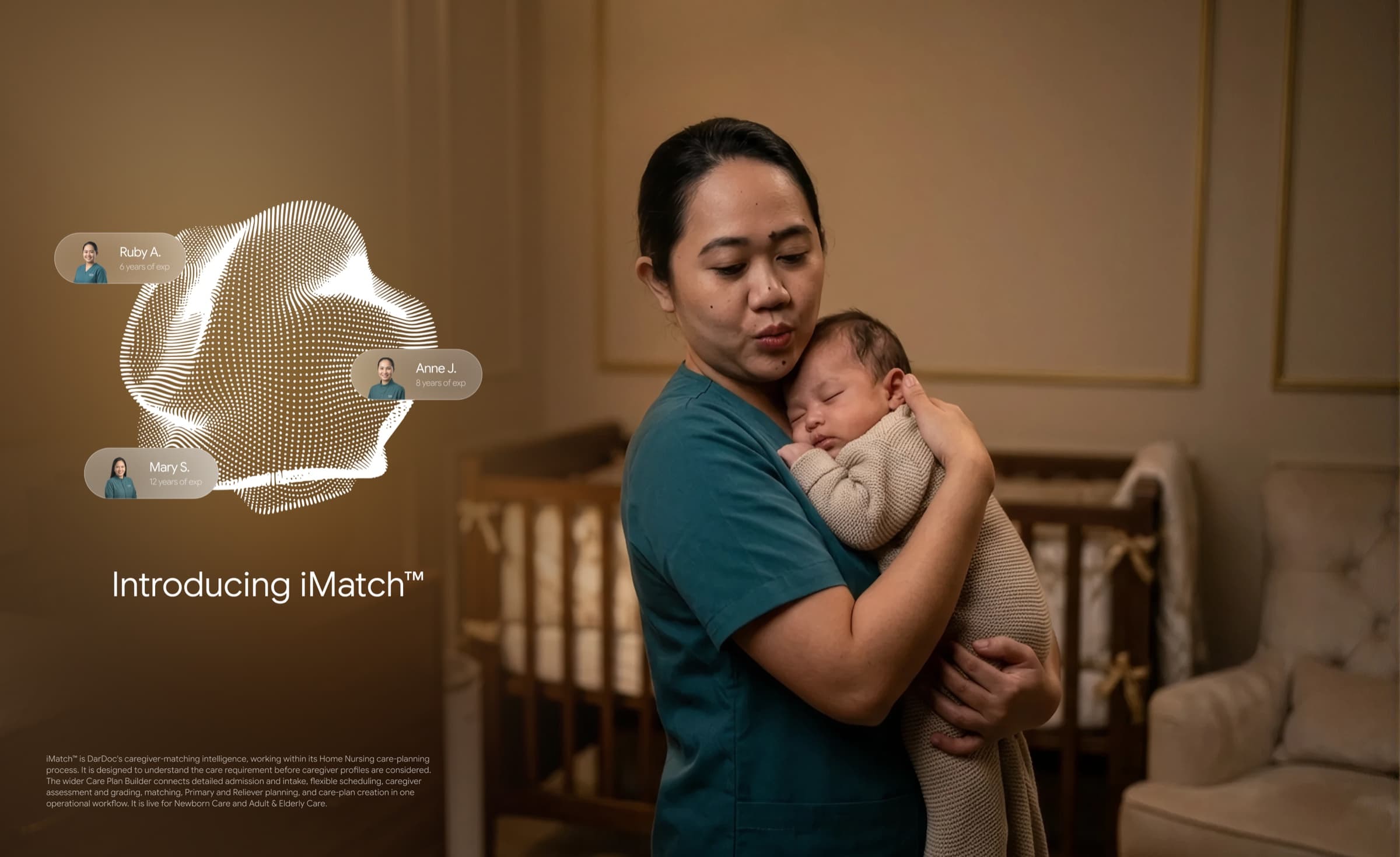 DarDoc caregiver holding a newborn beside the iMatch caregiver-matching visual