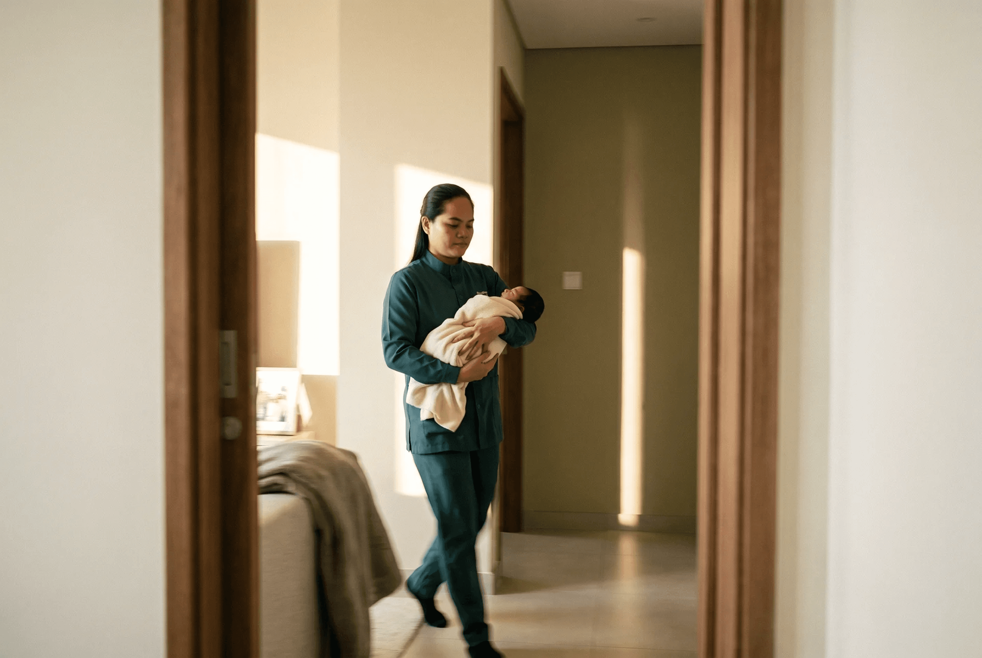 DarDoc caregiver carrying a swaddled newborn at home