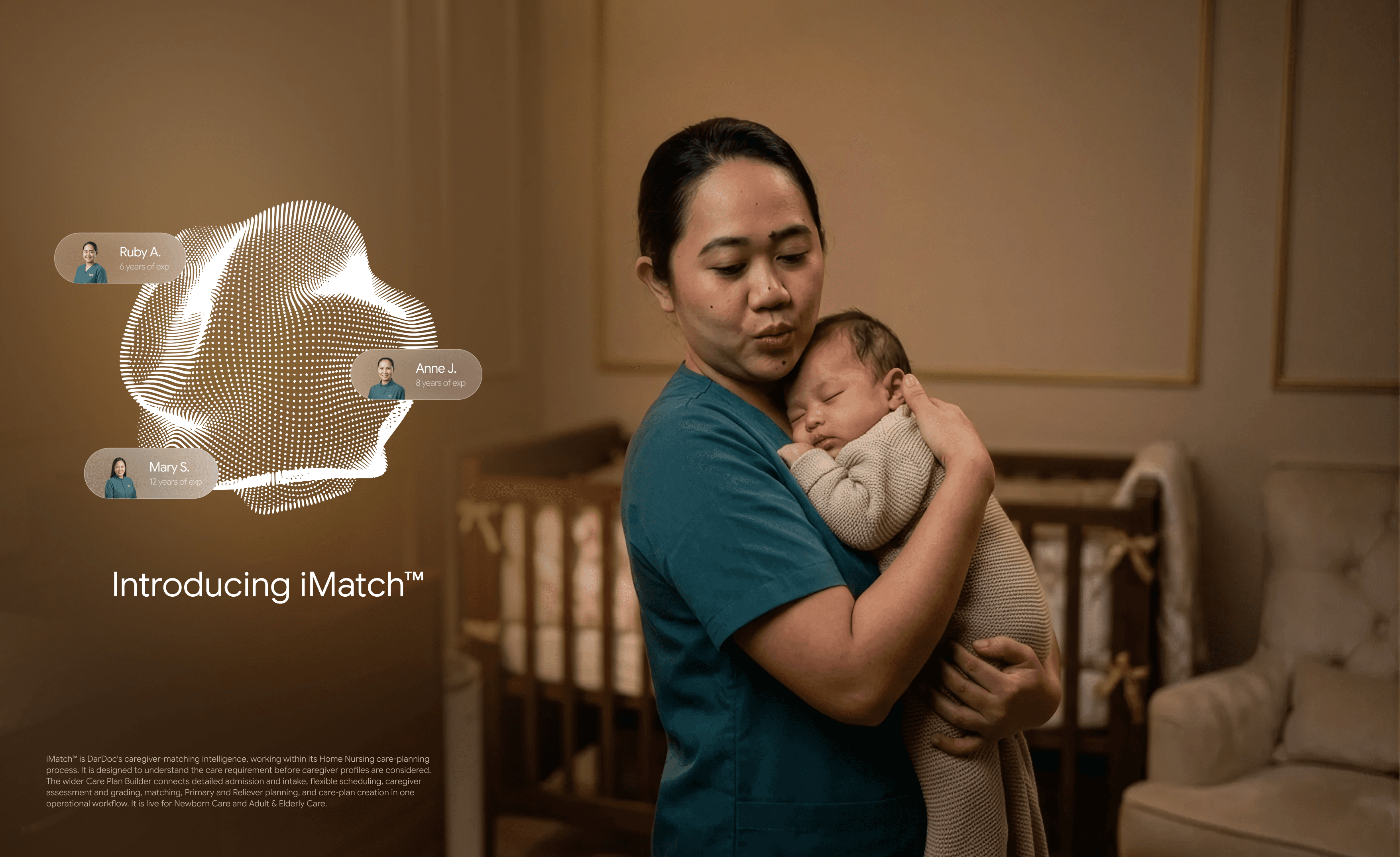 iMatch launch visual with a DarDoc caregiver holding a newborn