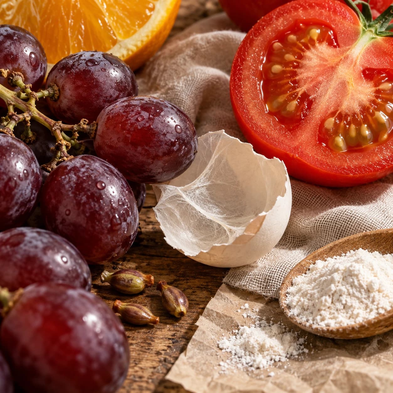 Grapes, citrus, eggshell and tomato, illustrating the formula’s ingredient sources