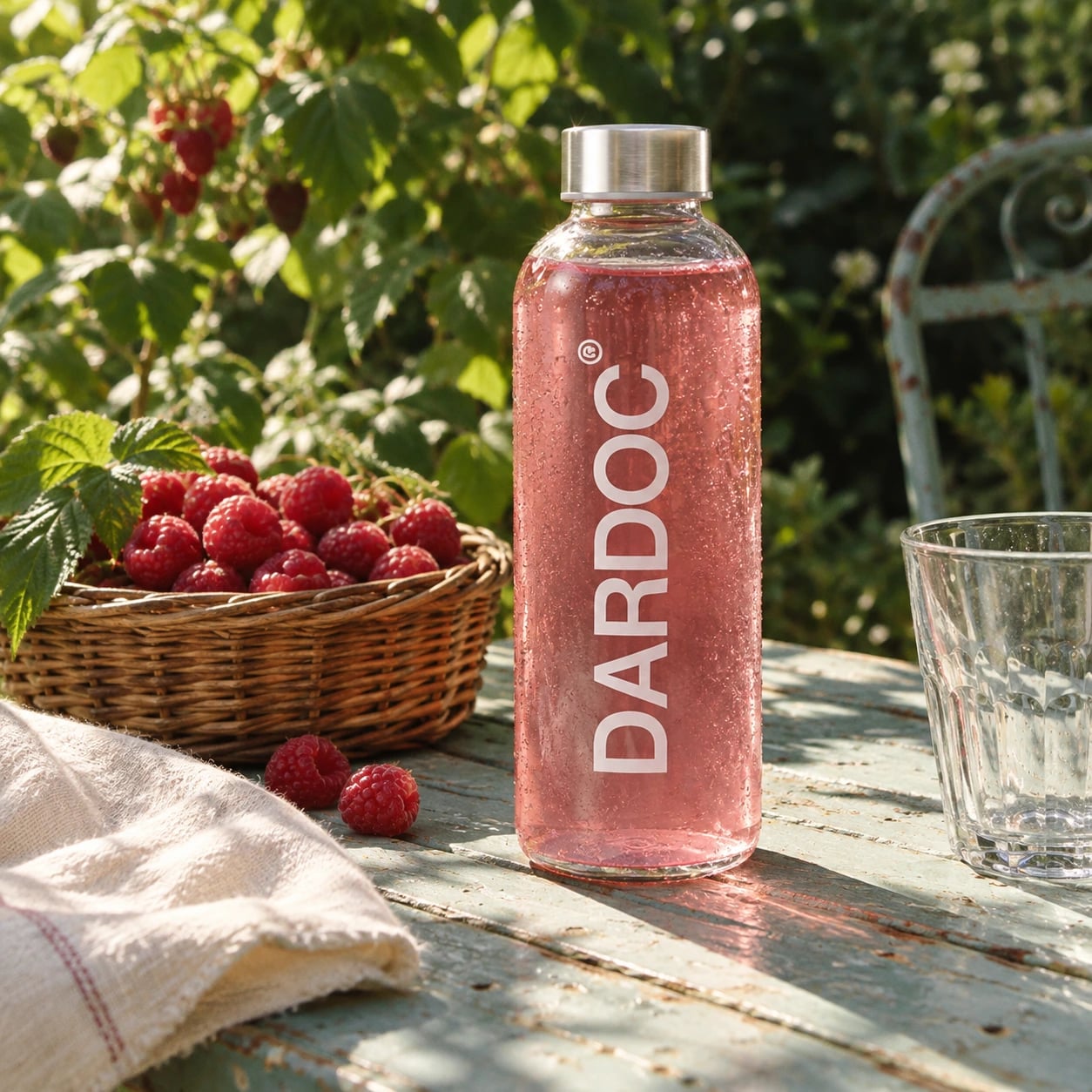 DarDoc’s clear 500 ml bottle with a raspberry-pink drink beside fresh berries on a sunlit garden table