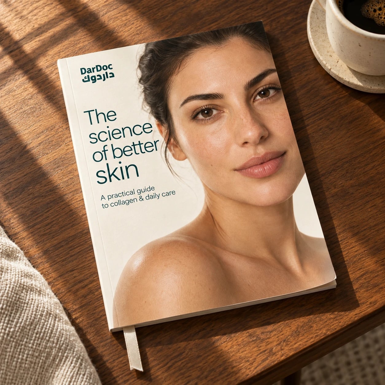 The science of better skin guide on a sunlit walnut coffee table.