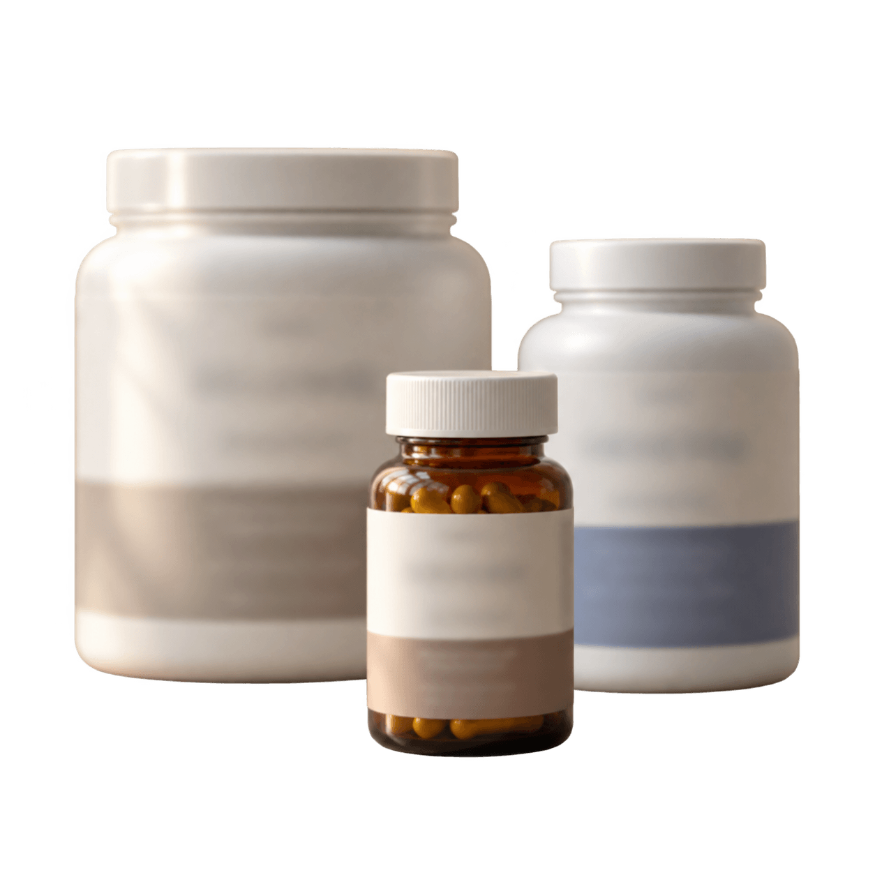 Anonymous supplement bottles, shown for illustration