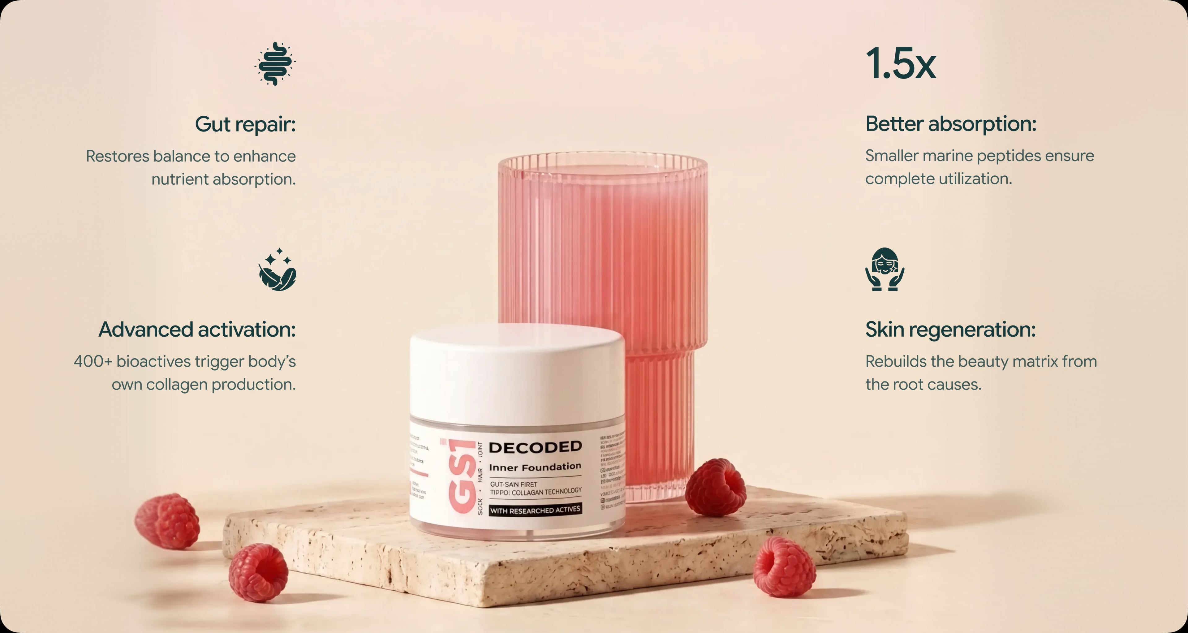 Decoded GS1 jar and raspberry drink. Gut repair: restores balance to enhance nutrient absorption. Advanced activation: 400+ bioactives trigger the body's own collagen production. 1.5x better absorption: smaller marine peptides ensure complete utilization. Skin regeneration: rebuilds the beauty matrix from the root causes.