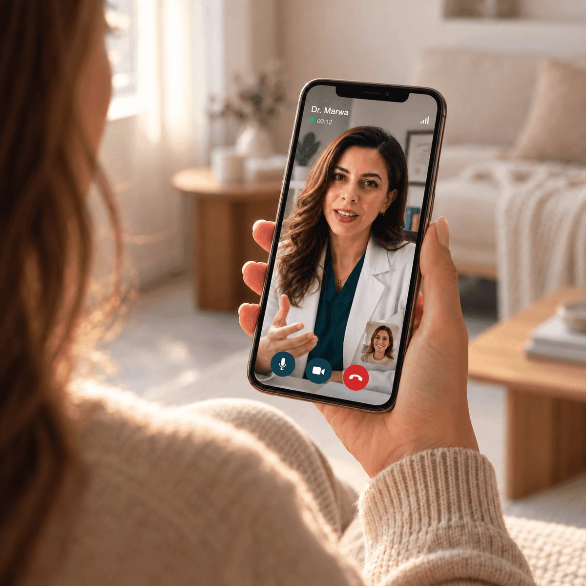 Illustrative at-home video consultation with Dr. Marwa
