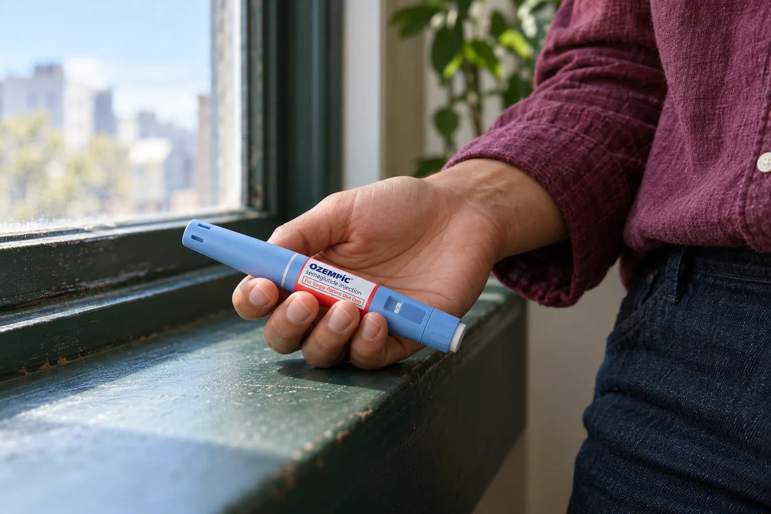 An adult holds a capped Ozempic pen in one hand beside a window.