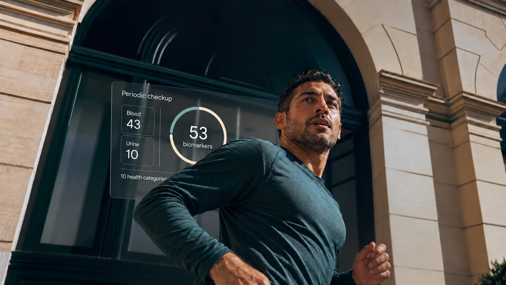 An active man outdoors, with a transparent view of his lab-test biomarkers.