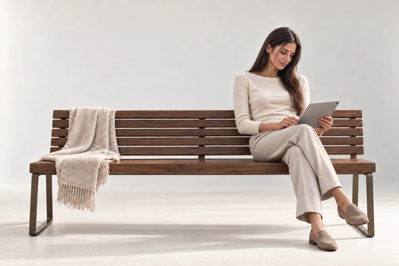 A woman relaxing on a bench while reading her health report.
