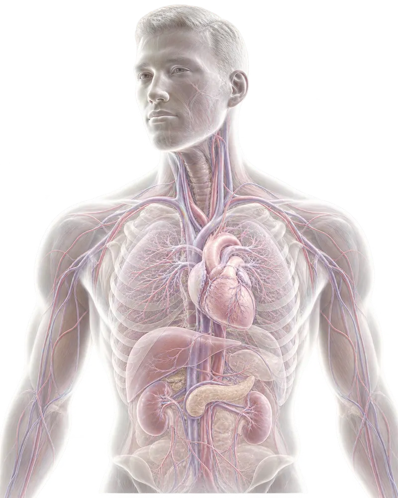 A translucent anatomical portrait showing the heart, blood vessels and internal organs.